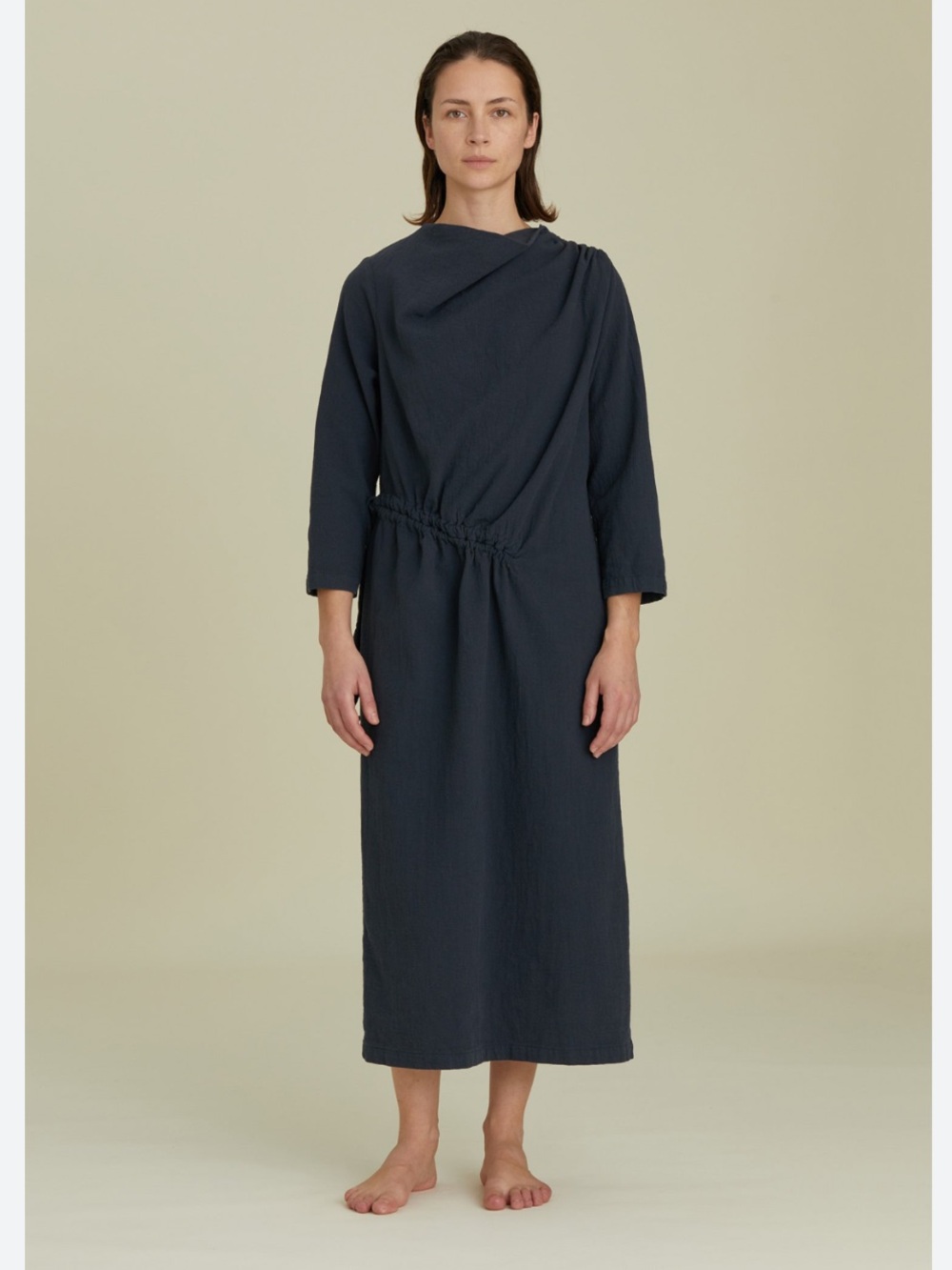 Black Crane Midi Dress with Draped Neck